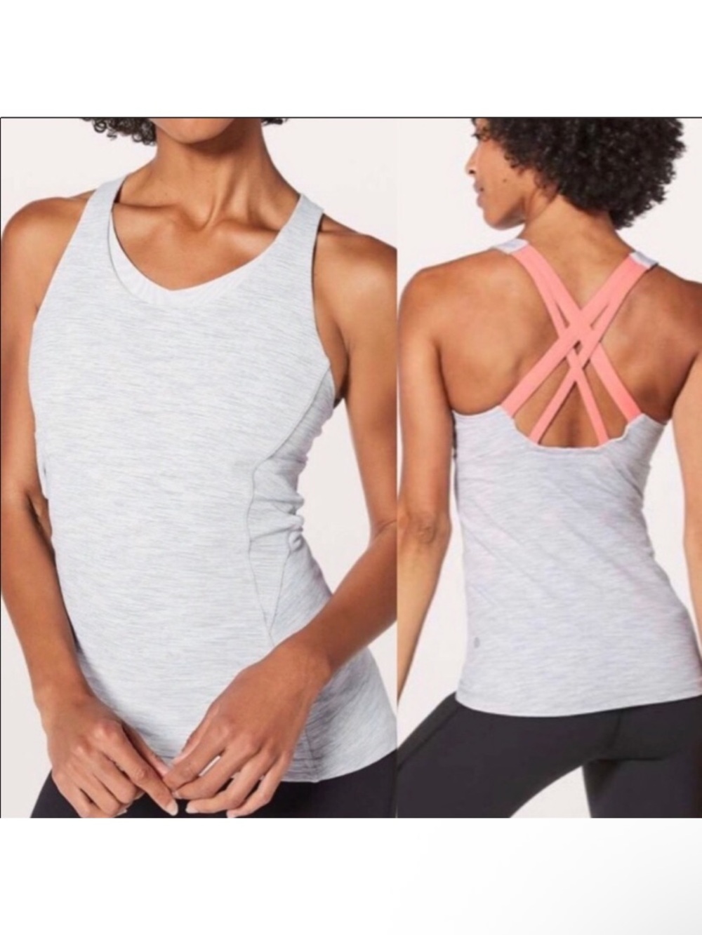 lululemon athletica Heathered White Tank with Pink Crossback Straps